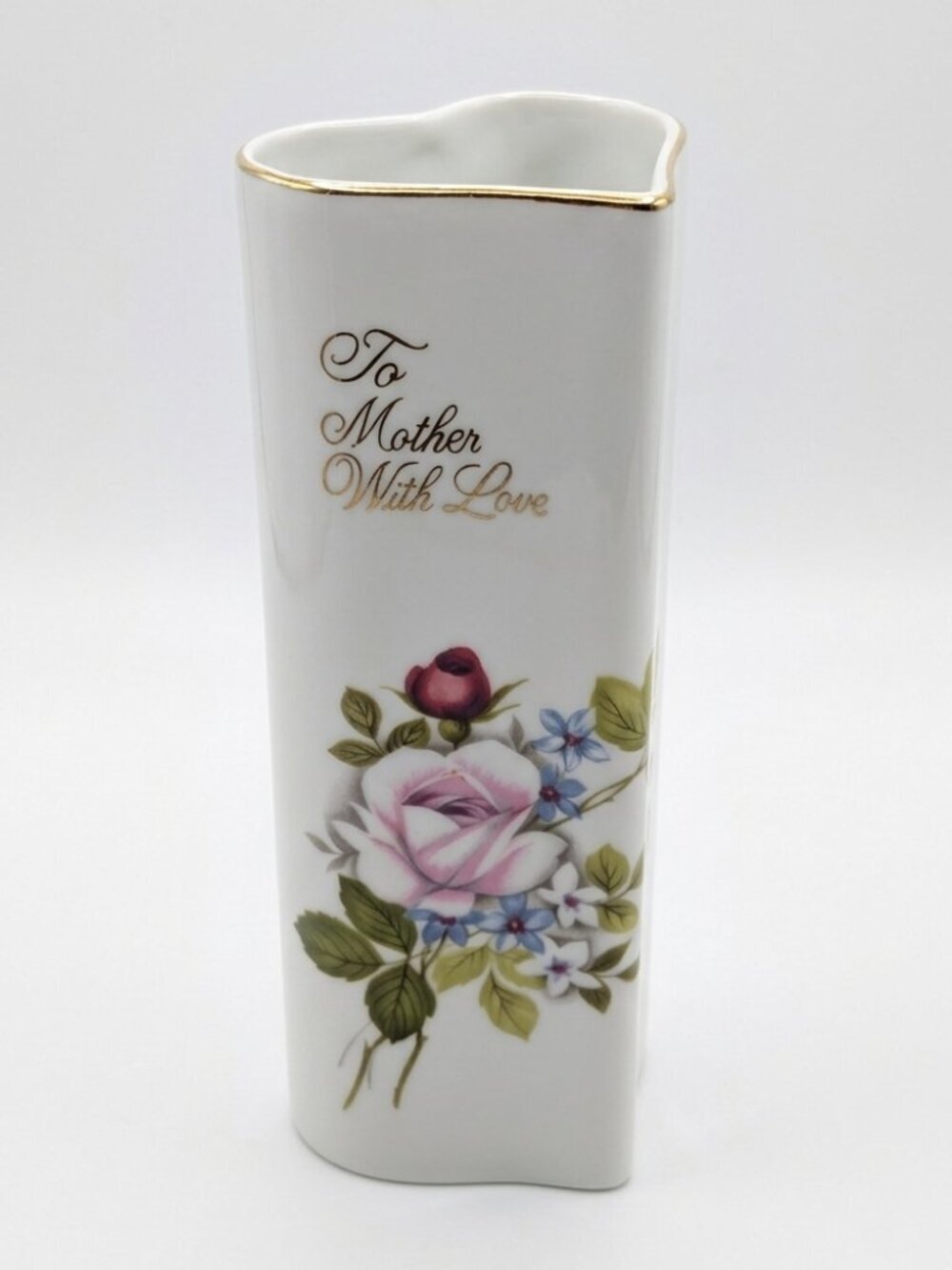 Mother's Day Gift Vintage Porcelain Heart Vase Gold Trim Floral Rose